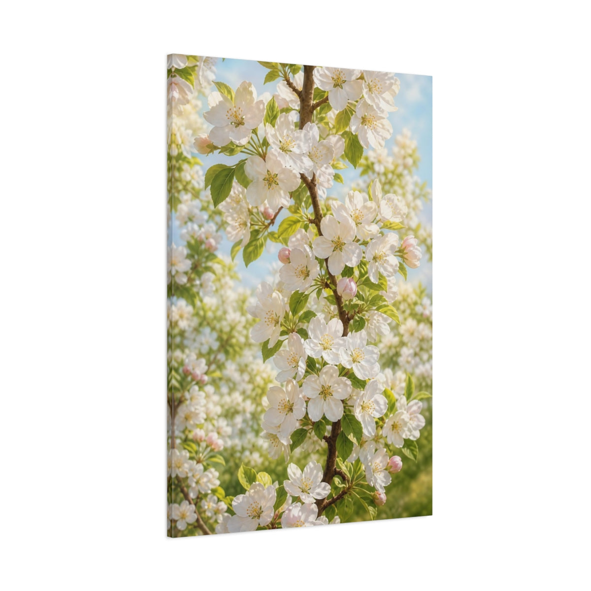 Side Mockup 1. Nature Apple Blossoms White And Green shown as stretched canvas wall art