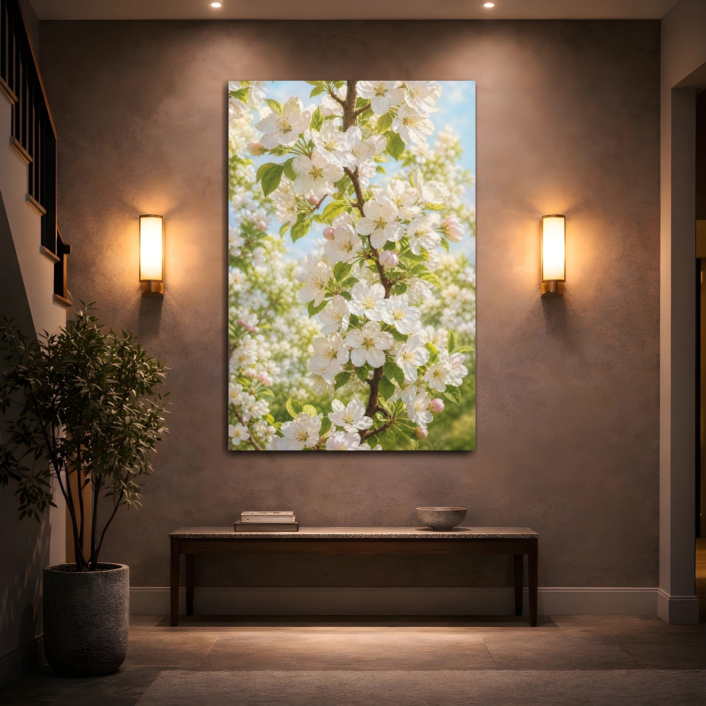 Mockup 2. Nature Apple Blossoms White And Green shown as stretched canvas wall art