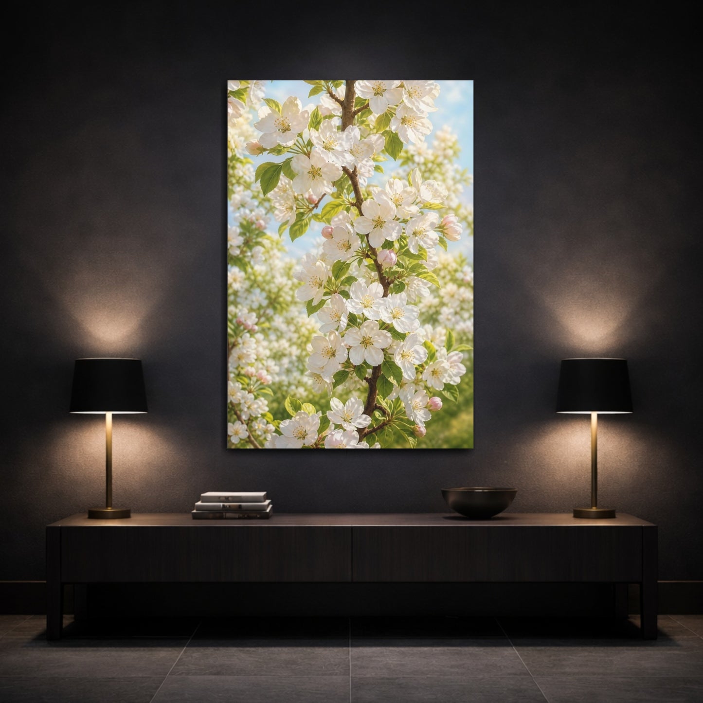 Mockup 3. Nature Apple Blossoms White And Green shown as stretched canvas wall art