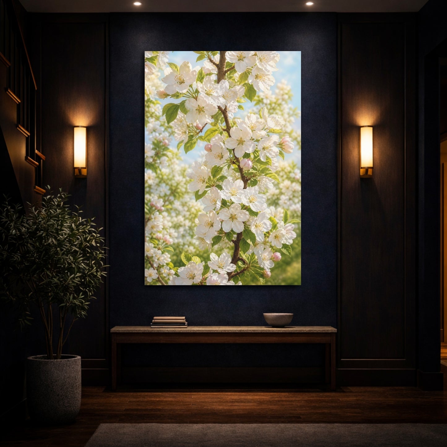 Mockup 4. Nature Apple Blossoms White And Green shown as stretched canvas wall art