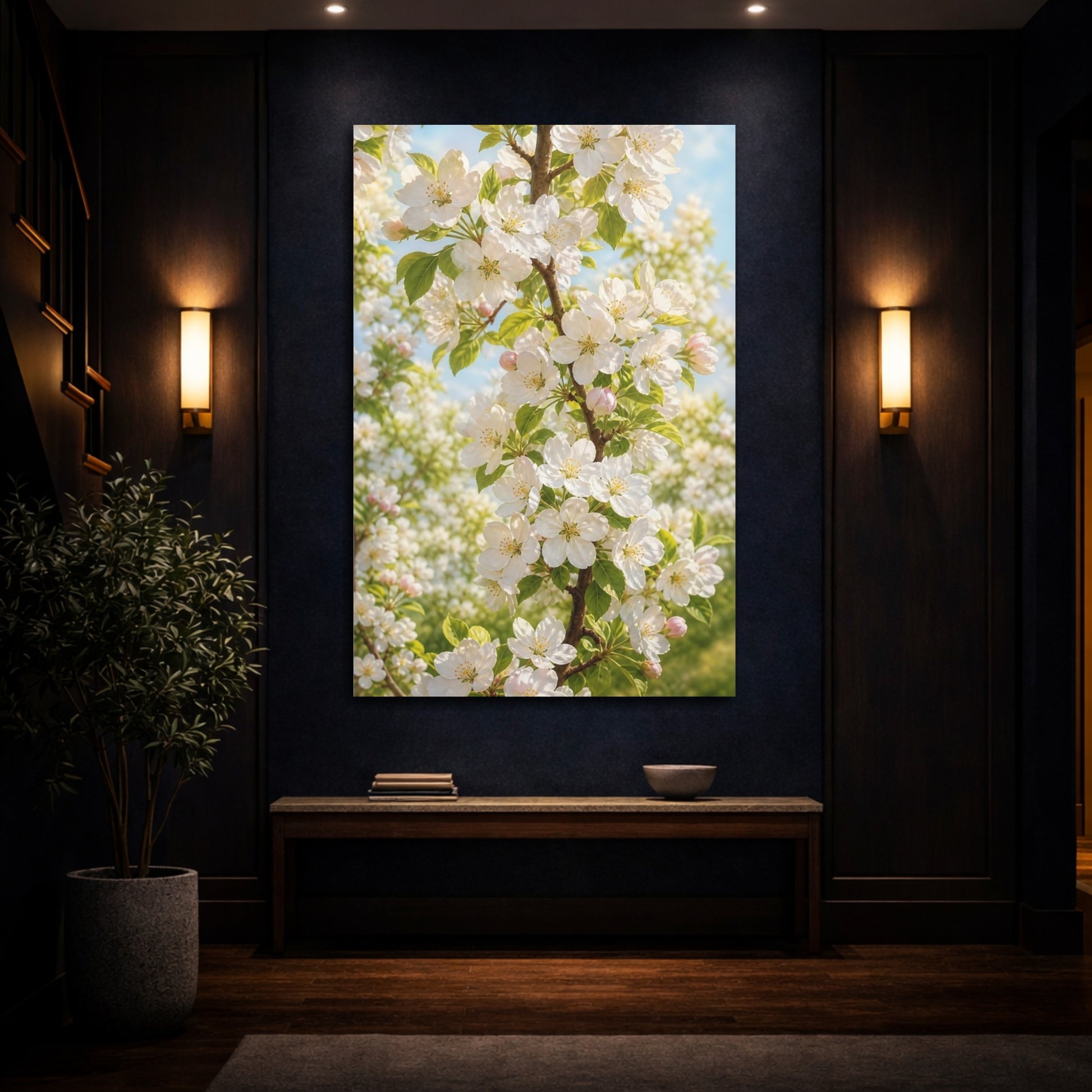 Mockup 4. Nature Apple Blossoms White And Green shown as stretched canvas wall art