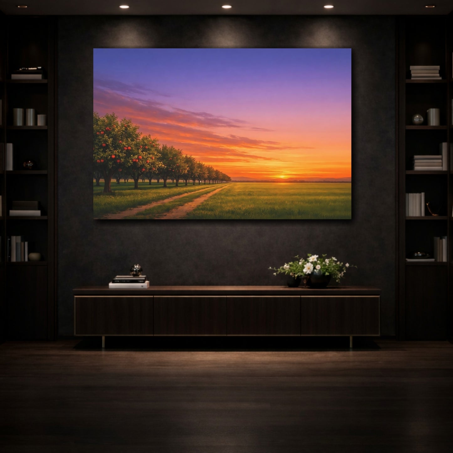 Mockup 3. Nature Apple Orchard Sunset Orchard shown as stretched canvas wall art