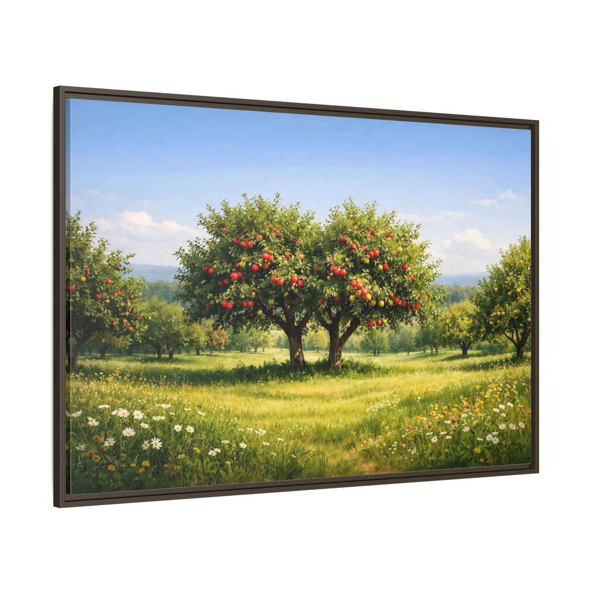 Main Mockup. Nature Apple Trees Red Apple Orchard shown as stretched canvas wall art