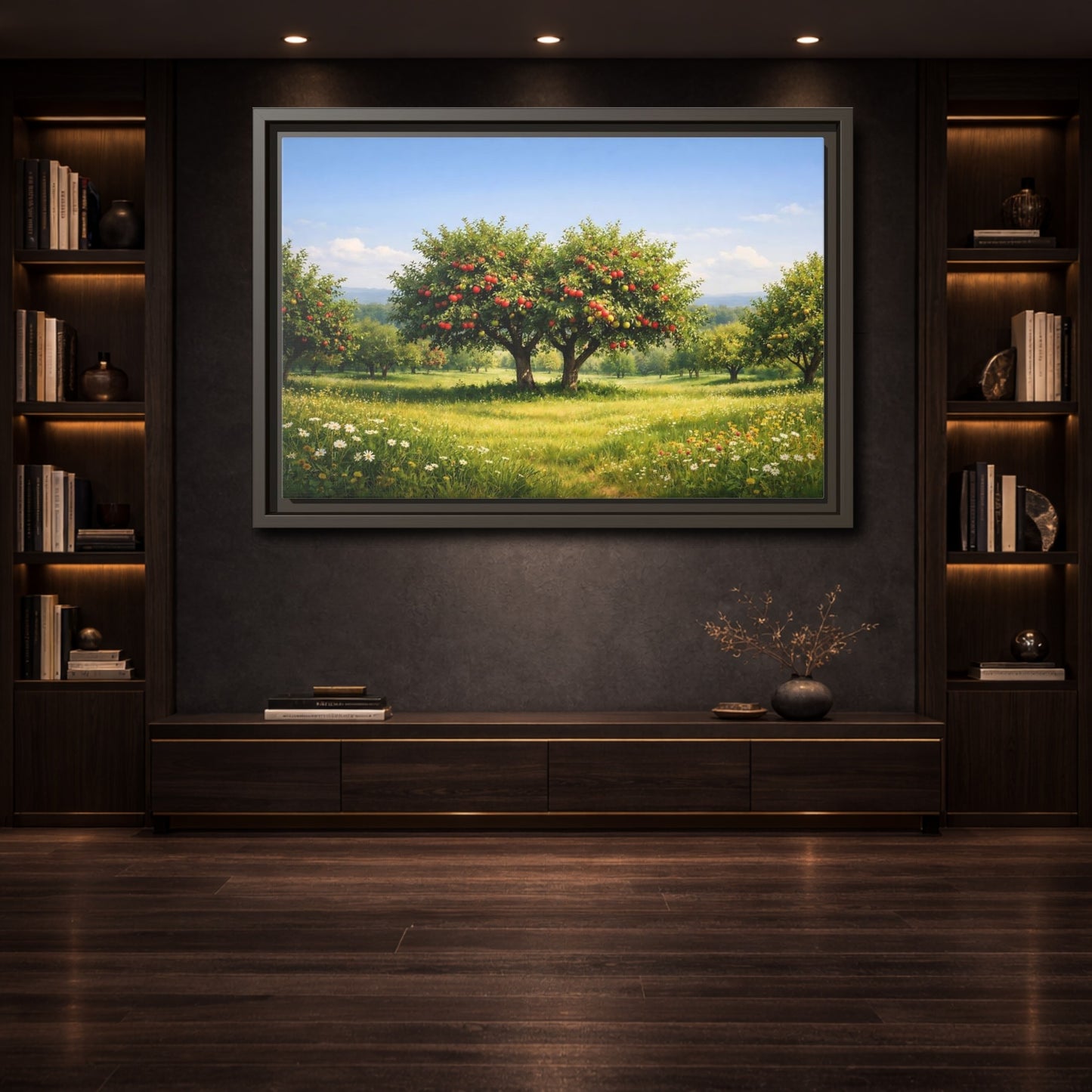 Mockup 3. Nature Apple Trees Red Apple Orchard shown as stretched canvas wall art