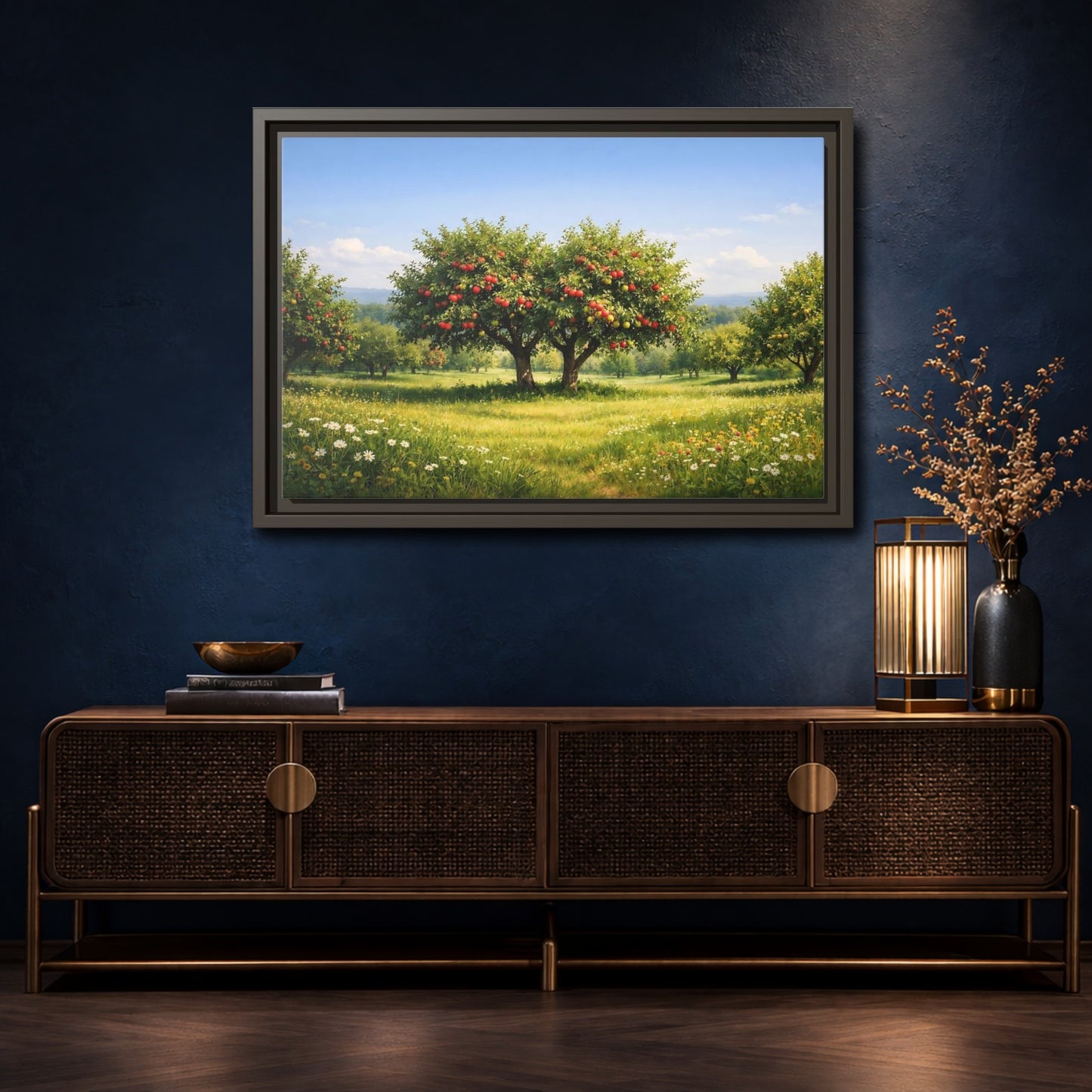 Mockup 4. Nature Apple Trees Red Apple Orchard shown as stretched canvas wall art