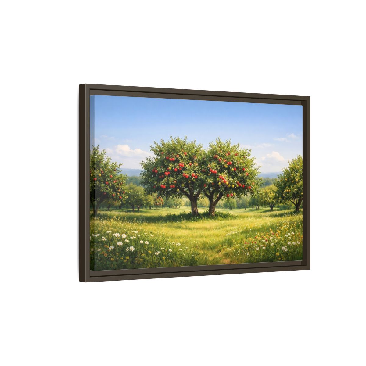 Side Mockup 2. Nature Apple Trees Red Apple Orchard shown as stretched canvas wall art