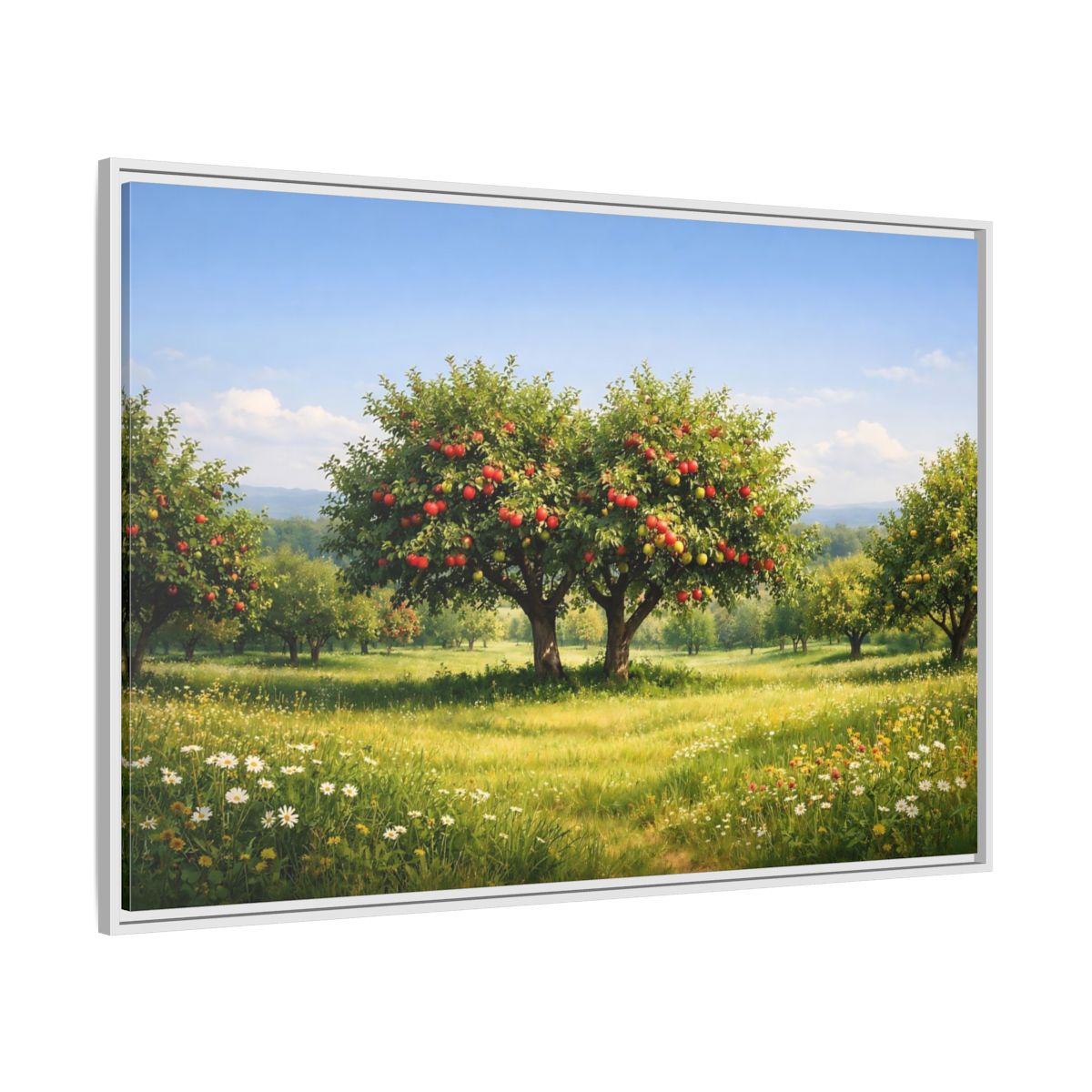 Side Mockup 7. Nature Apple Trees Red Apple Orchard shown as stretched canvas wall art