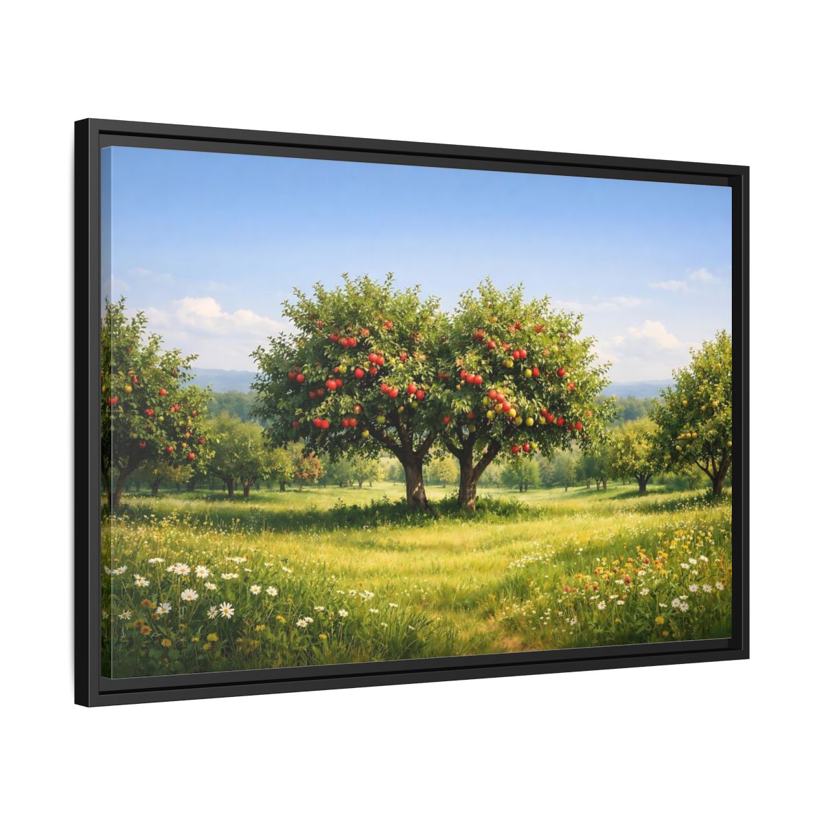 Side Mockup 14. Nature Apple Trees Red Apple Orchard shown as stretched canvas wall art