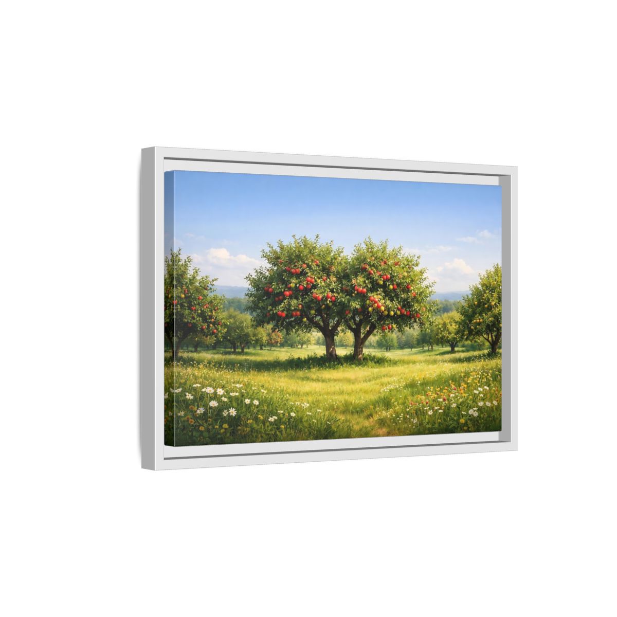 Side Mockup 4. Nature Apple Trees Red Apple Orchard shown as stretched canvas wall art