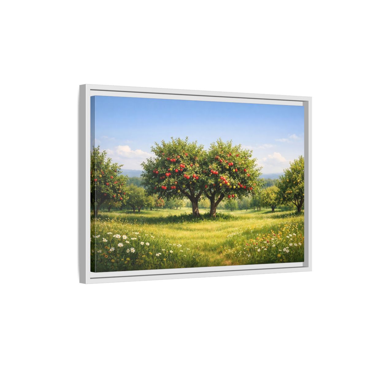 Side Mockup 1. Nature Apple Trees Red Apple Orchard shown as stretched canvas wall art