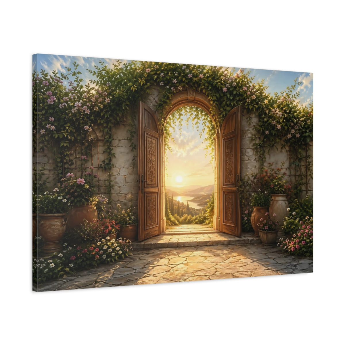 Main Mockup. Nature Arched Doorway Golden Garden View shown as stretched canvas wall art