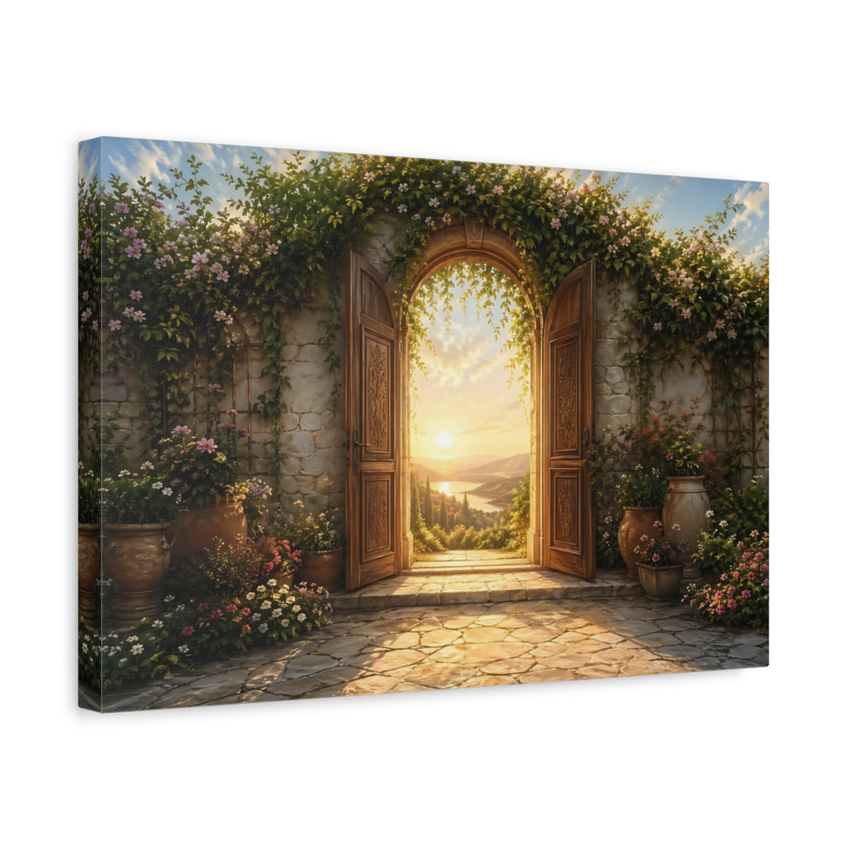 Side Mockup 4. Nature Arched Doorway Golden Garden View shown as stretched canvas wall art