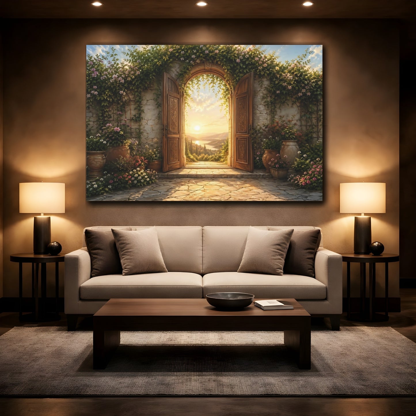 Mockup 2. Nature Arched Doorway Golden Garden View shown as stretched canvas wall art
