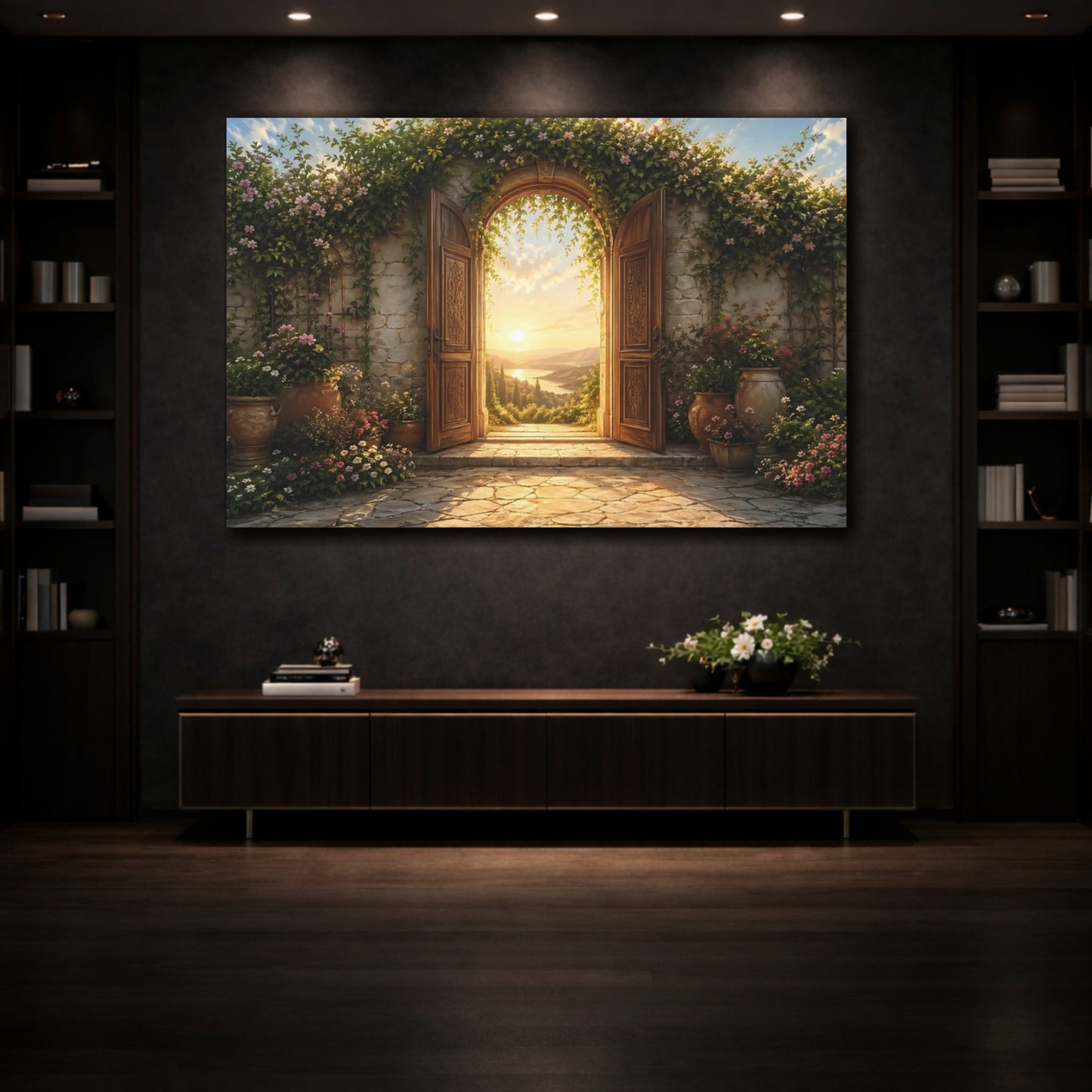 Mockup 3. Nature Arched Doorway Golden Garden View shown as stretched canvas wall art