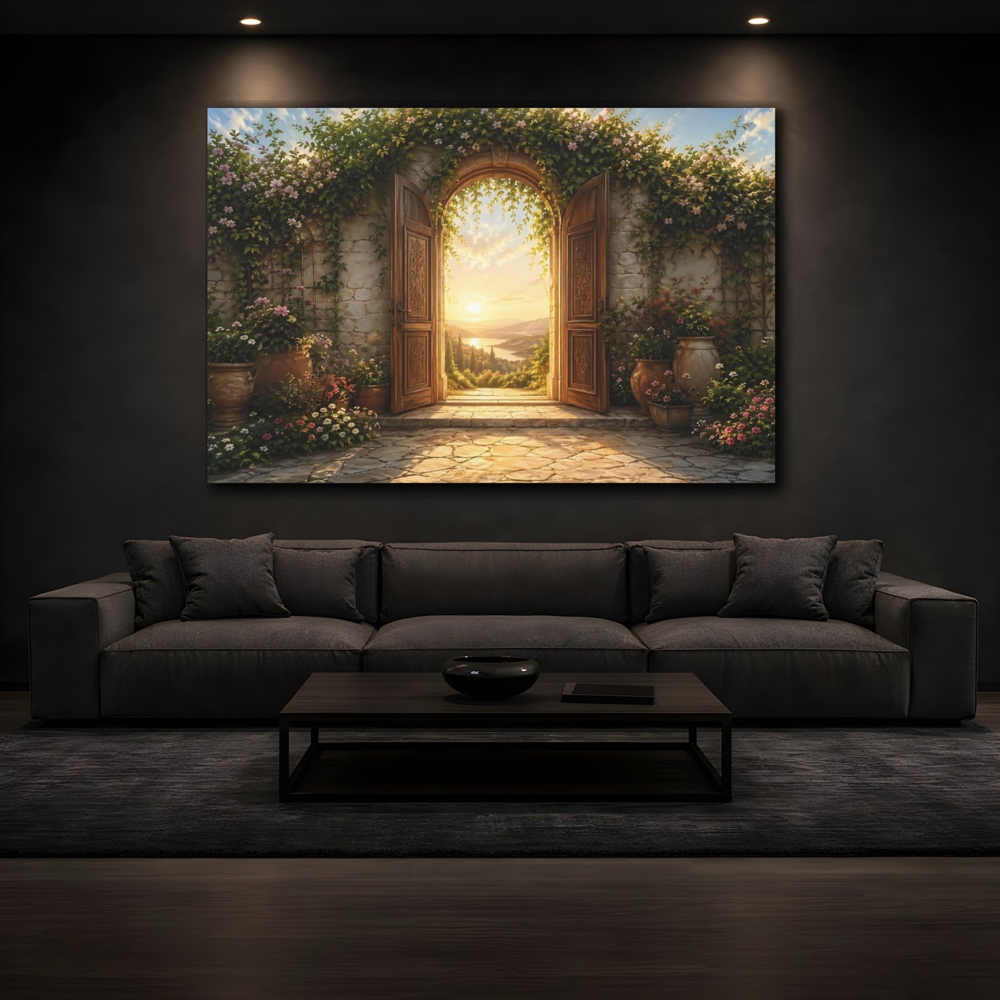 Mockup 4. Nature Arched Doorway Golden Garden View shown as stretched canvas wall art