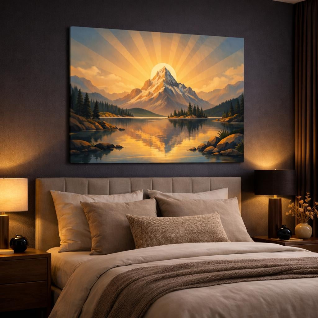 Nature Art Deco shown as canvas wall art in a luxury bedroom