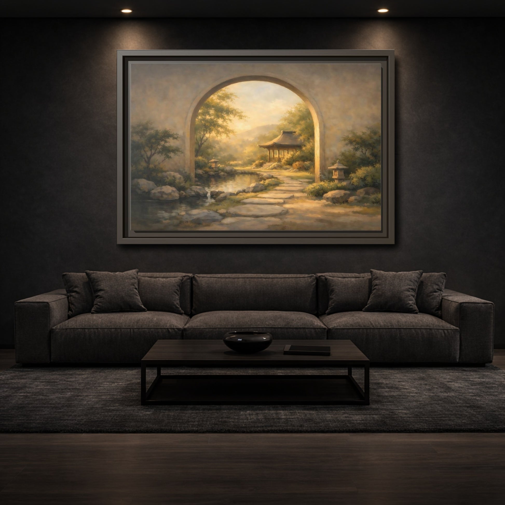 Mockup 2. Nature Asian Garden Golden Garden Landscape shown as stretched canvas wall art