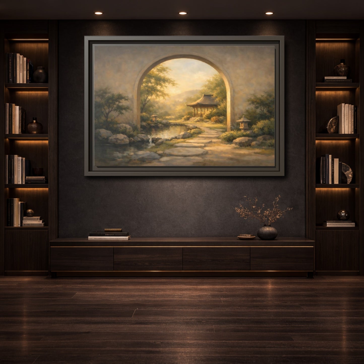 Mockup 3. Nature Asian Garden Golden Garden Landscape shown as stretched canvas wall art