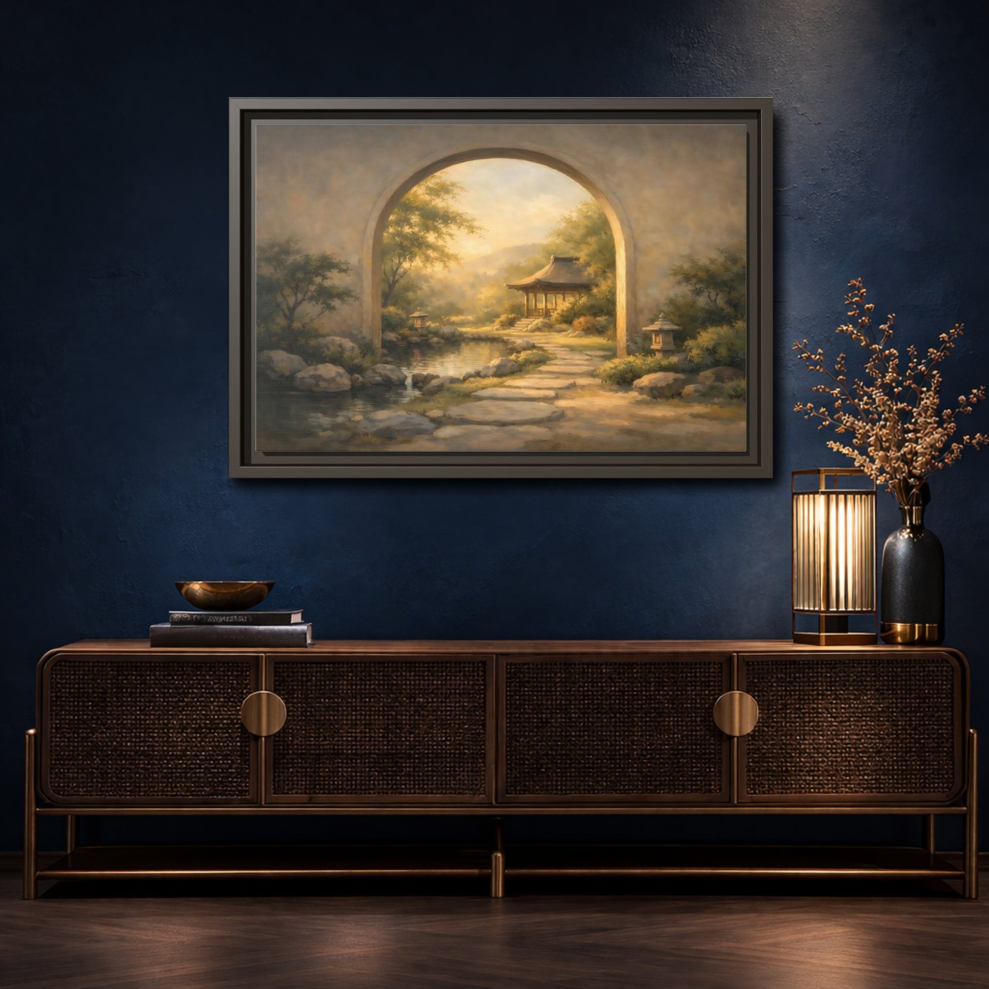 Mockup 4. Nature Asian Garden Golden Garden Landscape shown as stretched canvas wall art