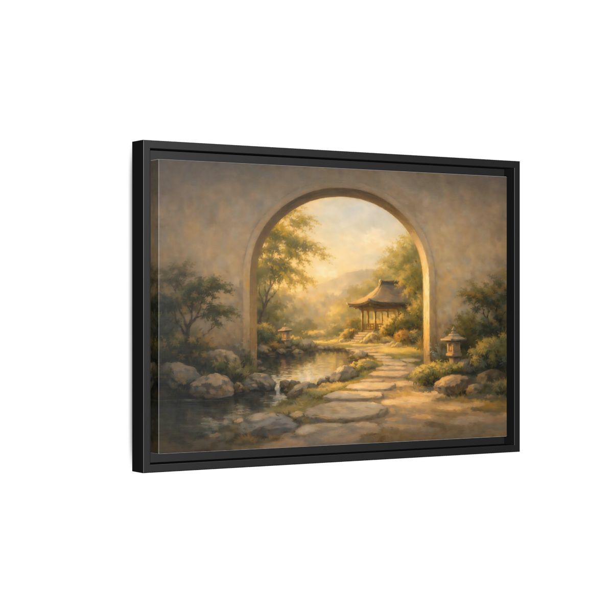 Side Mockup 3. Nature Asian Garden Golden Garden Landscape shown as stretched canvas wall art