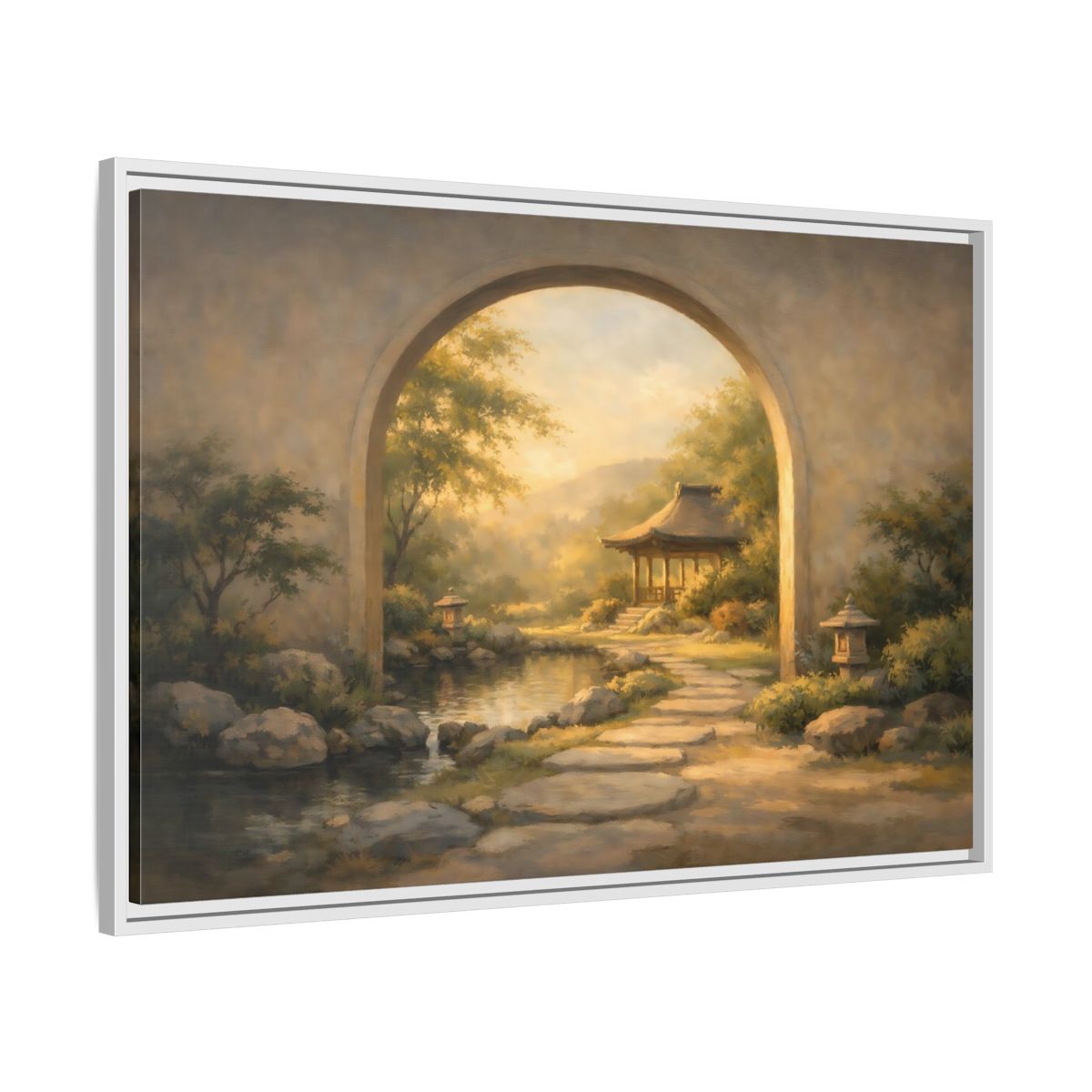 Side Mockup 8. Nature Asian Garden Golden Garden Landscape shown as stretched canvas wall art