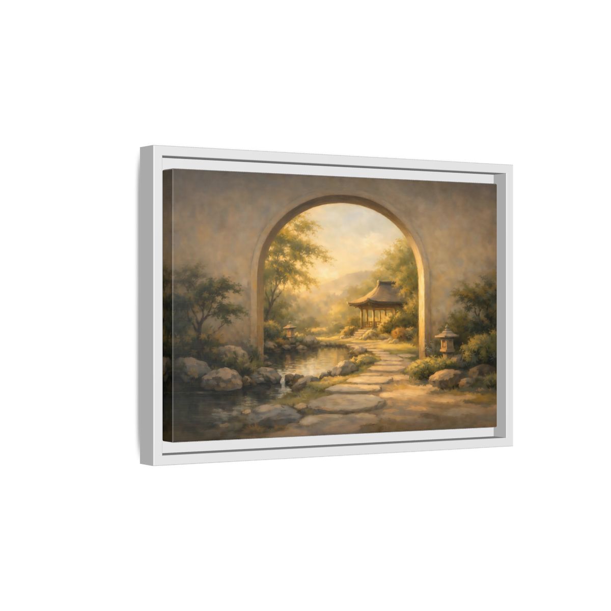 Side Mockup 4. Nature Asian Garden Golden Garden Landscape shown as stretched canvas wall art