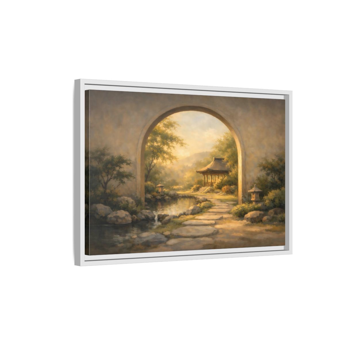Side Mockup 1. Nature Asian Garden Golden Garden Landscape shown as stretched canvas wall art