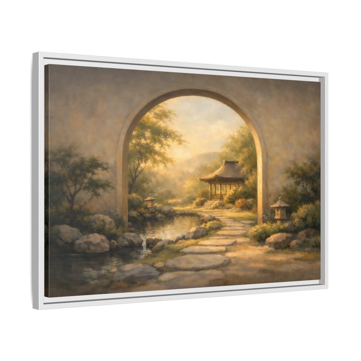 Side Mockup 10. Nature Asian Garden Golden Garden Landscape shown as stretched canvas wall art