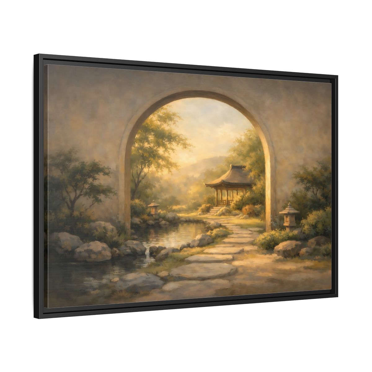 Side Mockup 13. Nature Asian Garden Golden Garden Landscape shown as stretched canvas wall art