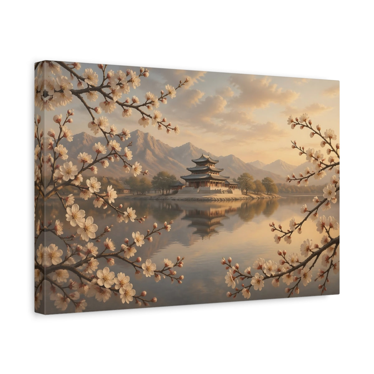 Side Mockup 4. Nature Asian Temple Cherry Blossom Temple shown as stretched canvas wall art