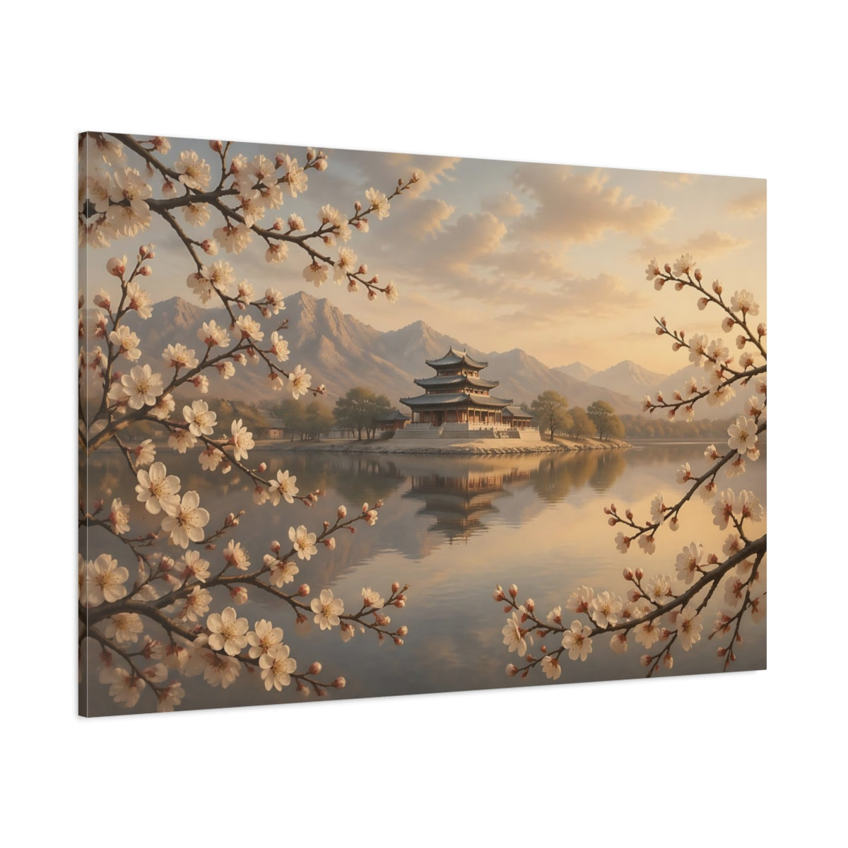 Side Mockup 1. Nature Asian Temple Cherry Blossom Temple shown as stretched canvas wall art