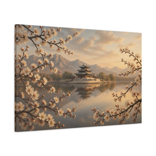 Main Mockup. Nature Asian Temple Cherry Blossom Temple shown as stretched canvas wall art