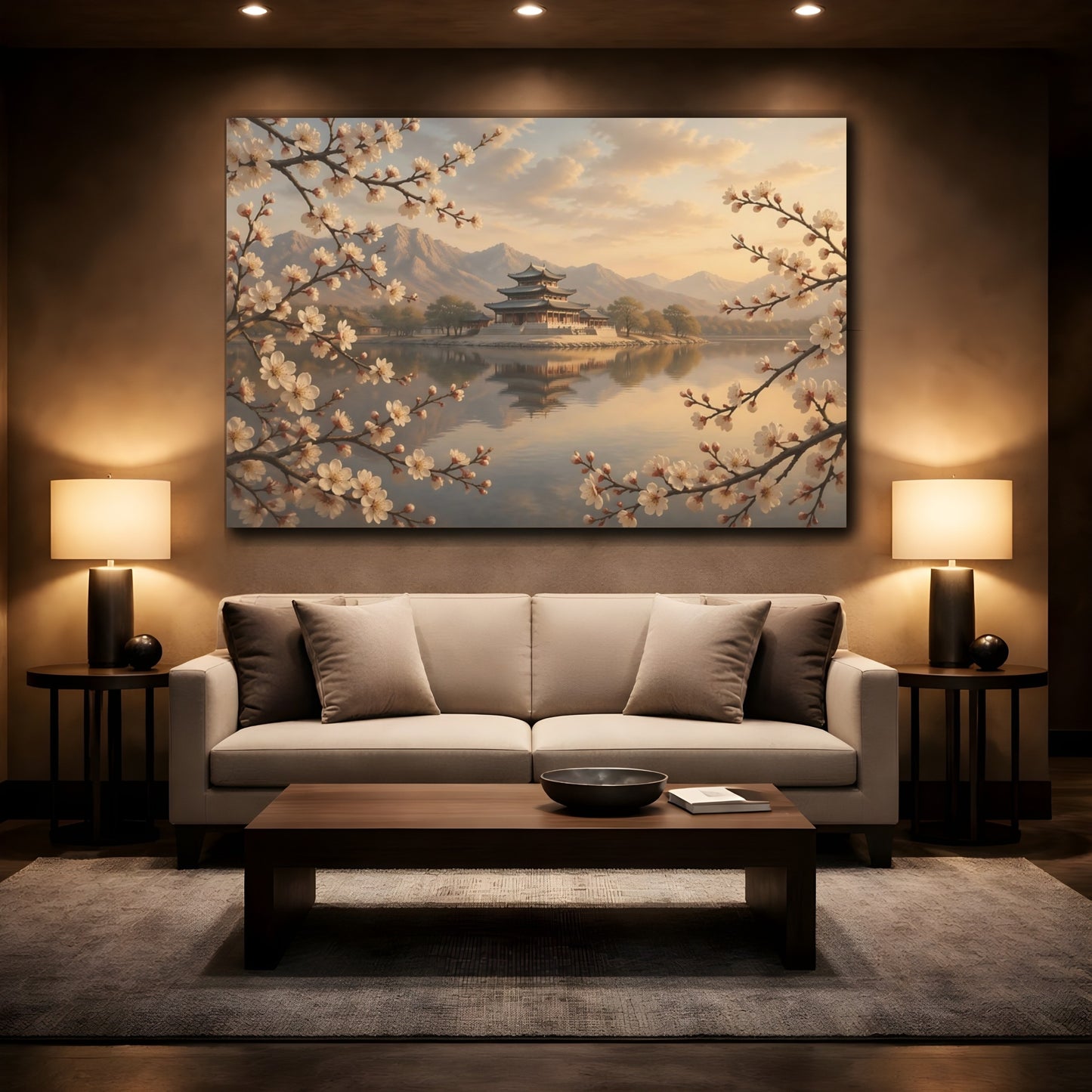 Mockup 2. Nature Asian Temple Cherry Blossom Temple shown as stretched canvas wall art