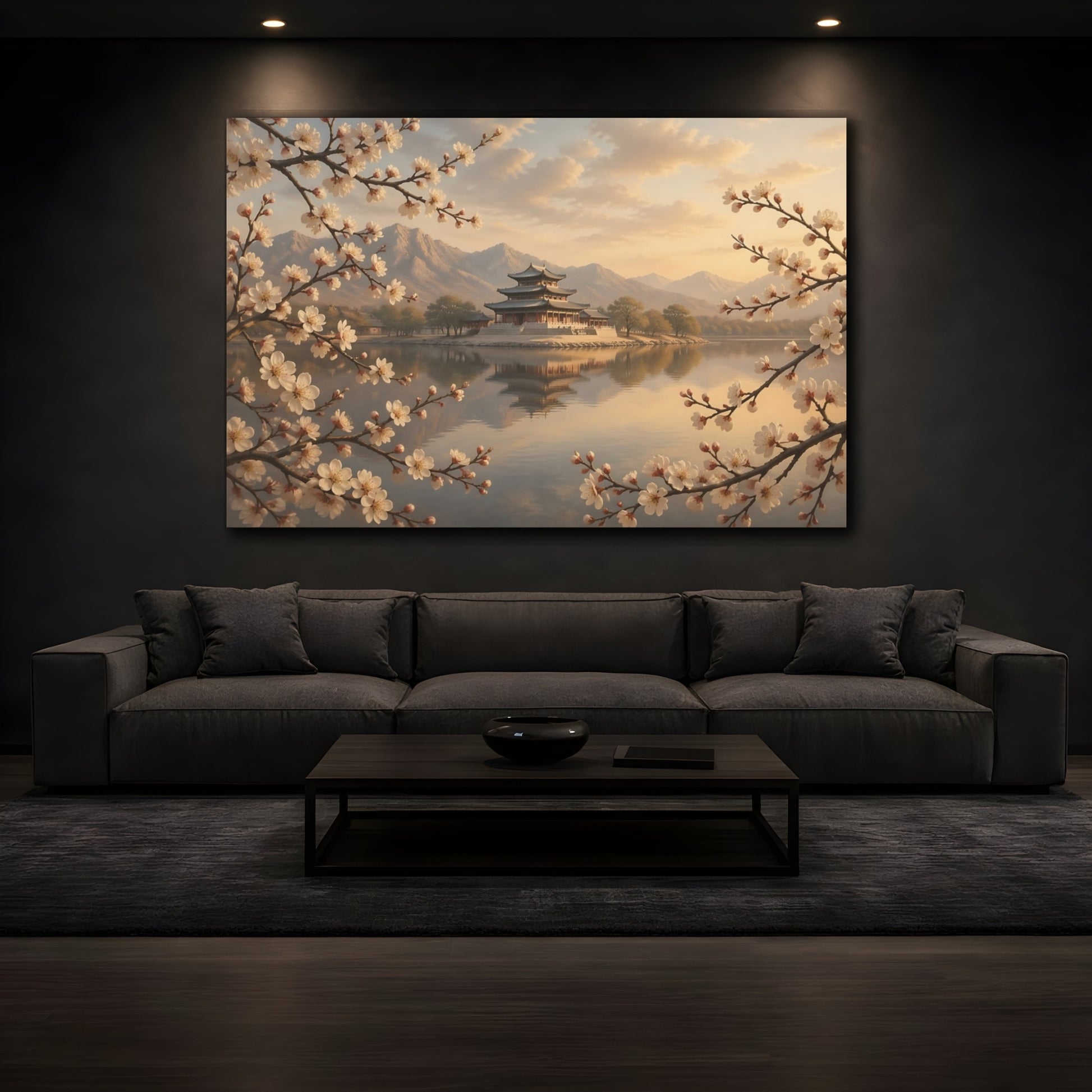 Mockup 3. Nature Asian Temple Cherry Blossom Temple shown as stretched canvas wall art