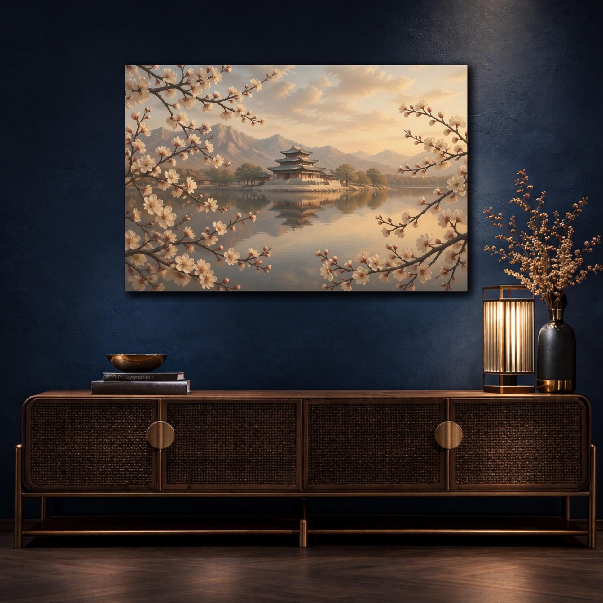 Mockup 4. Nature Asian Temple Cherry Blossom Temple shown as stretched canvas wall art