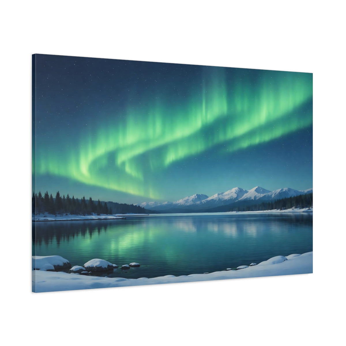 Side Mockup 1. Nature Aurora Borealis Green And Blue Landscape shown as stretched canvas wall art