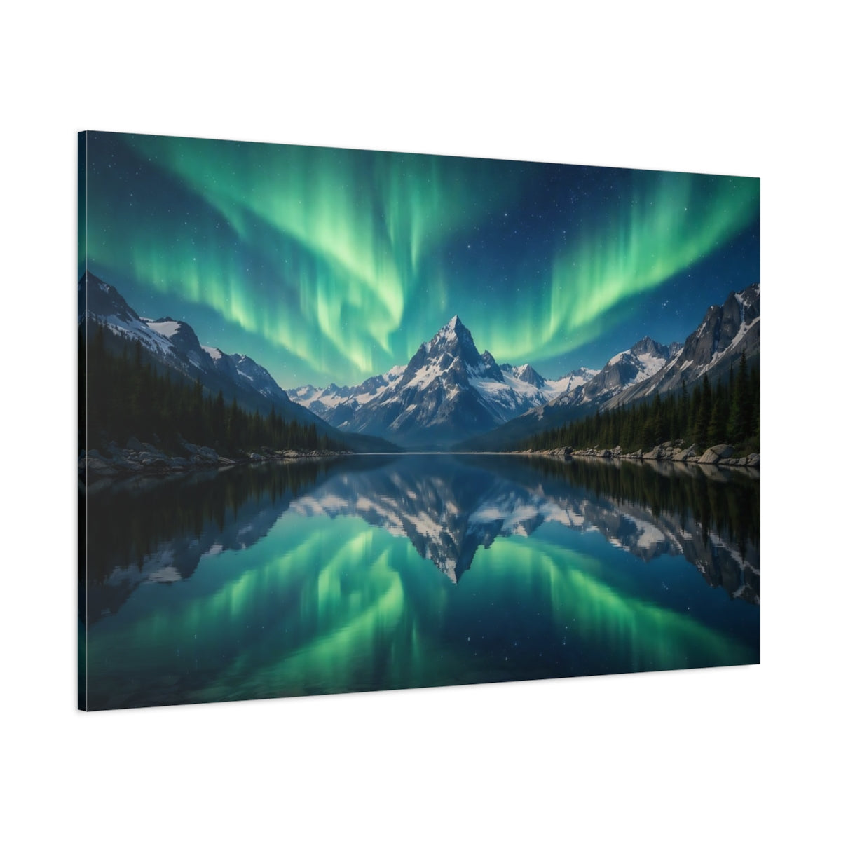 Side Mockup 1. Nature Aurora Borealis Green And Blue Landscape shown as stretched canvas wall art