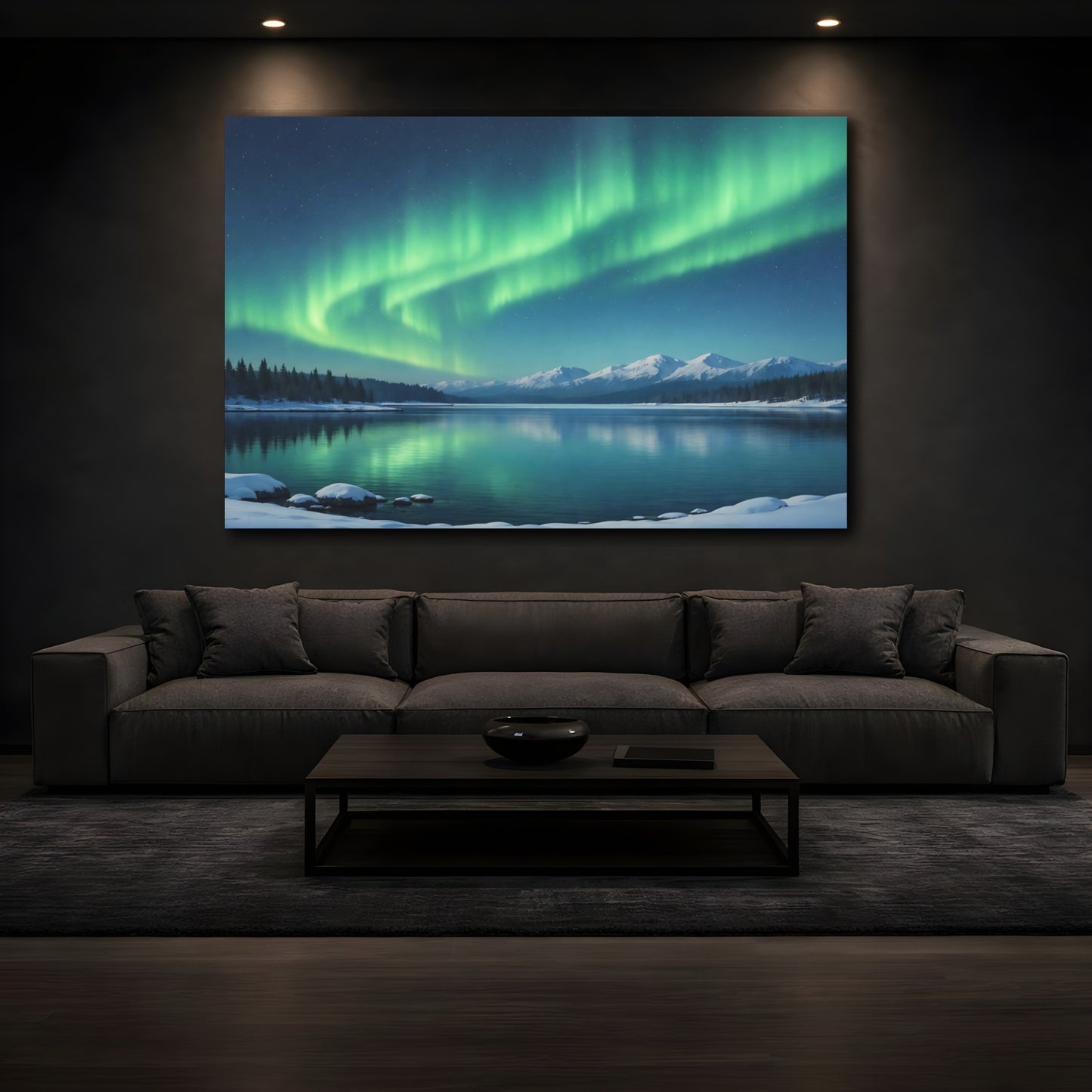 Mockup 2. Nature Aurora Borealis Green And Blue Landscape shown as stretched canvas wall art