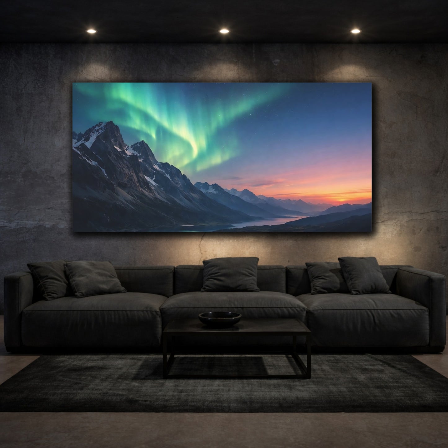 Mockup 2. Nature Aurora Borealis Green Aurora Landscape shown as stretched canvas wall art