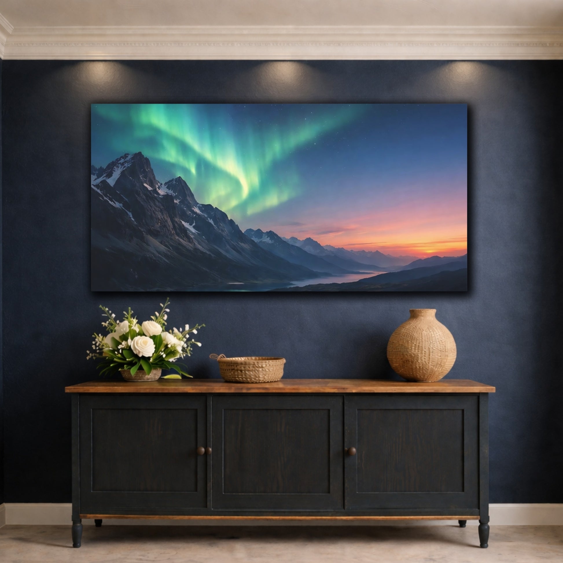 Mockup 4. Nature Aurora Borealis Green Aurora Landscape shown as stretched canvas wall art