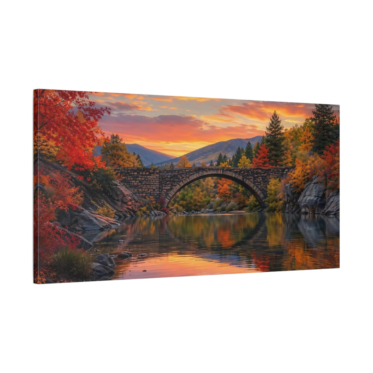 Main Mockup. Nature Autumn Bridge Orange Red Autumn shown as stretched canvas wall art