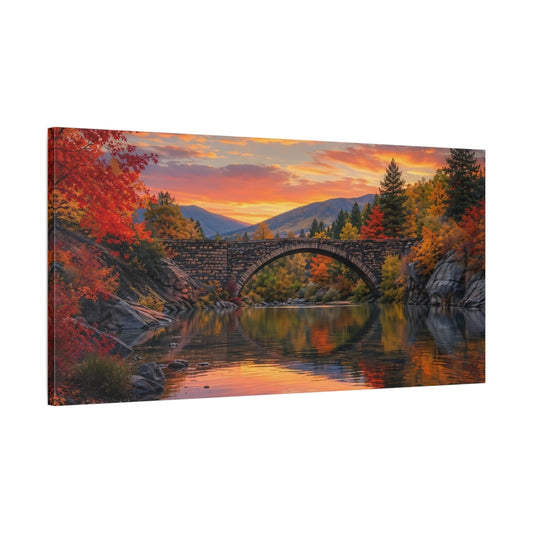 Main Mockup. Nature Autumn Bridge Orange Red Autumn shown as stretched canvas wall art