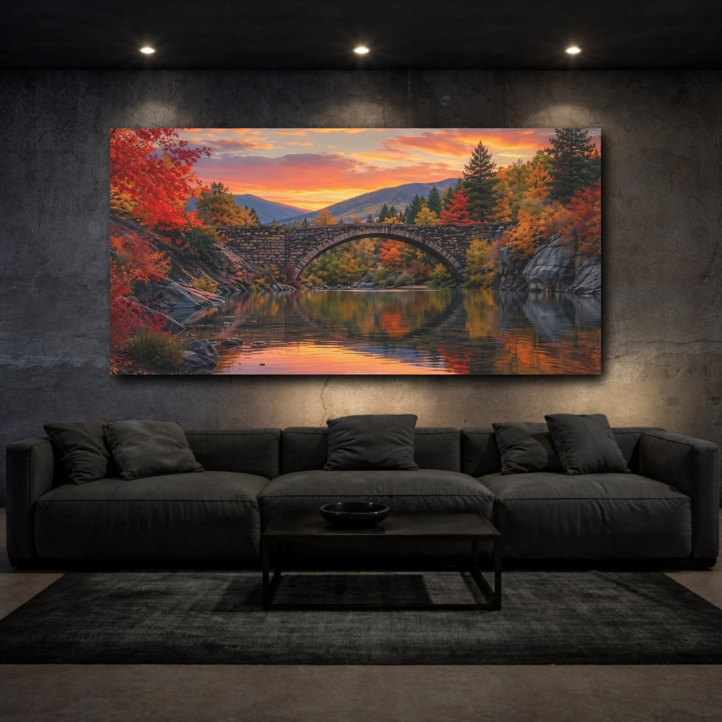 Mockup 2. Nature Autumn Bridge Orange Red Autumn shown as stretched canvas wall art
