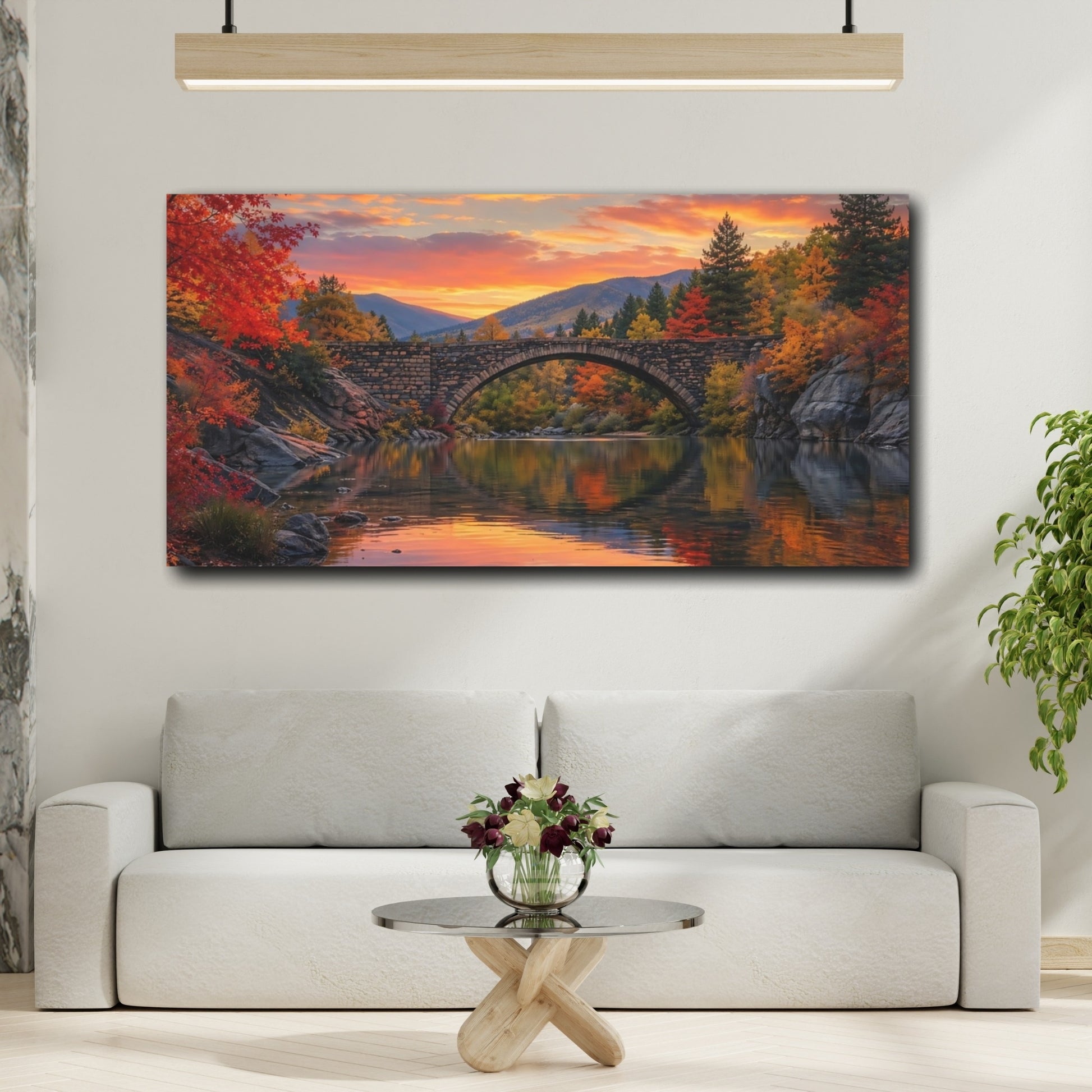 Mockup 3. Nature Autumn Bridge Orange Red Autumn shown as stretched canvas wall art