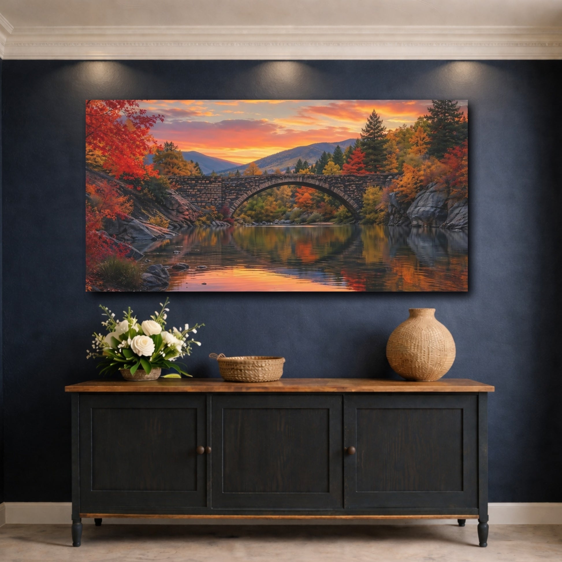 Mockup 4. Nature Autumn Bridge Orange Red Autumn shown as stretched canvas wall art