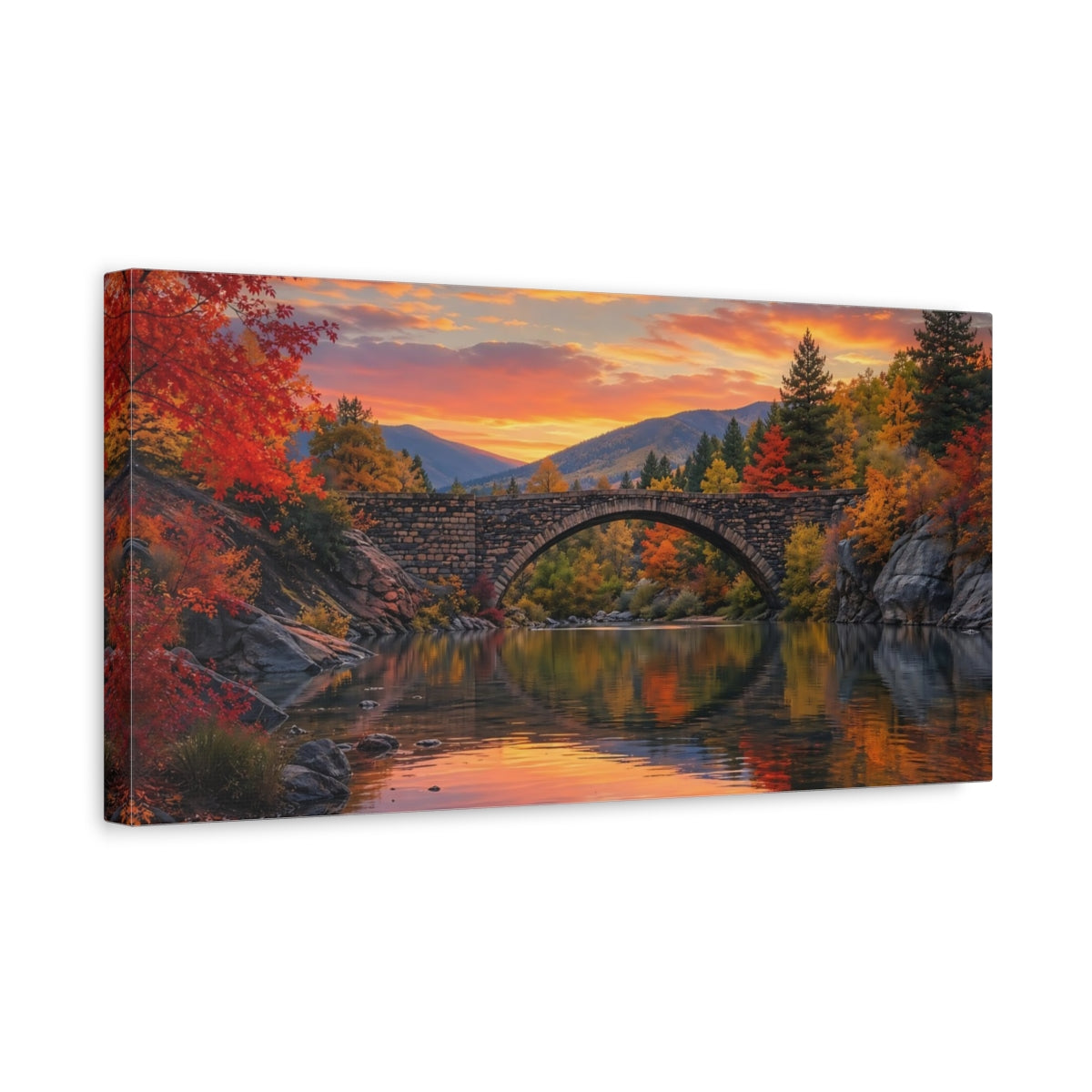 Side Mockup 3. Nature Autumn Bridge Orange Red Autumn shown as stretched canvas wall art