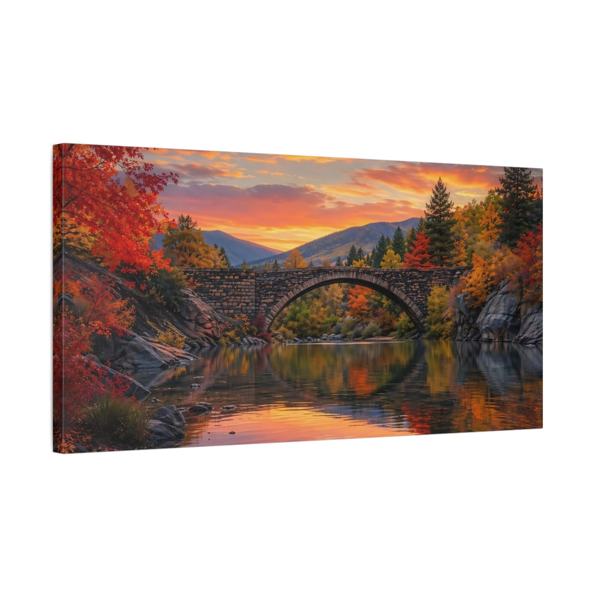 Side Mockup 1. Nature Autumn Bridge Orange Red Autumn shown as stretched canvas wall art
