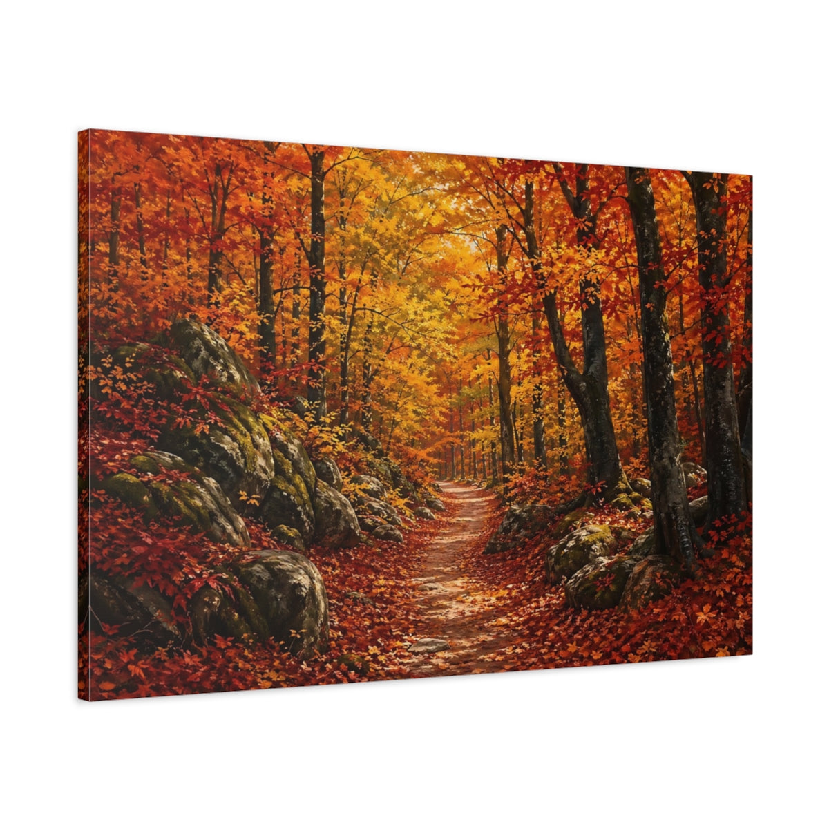 Main Mockup. Nature Autumn Forest Autumn Forest Path shown as stretched canvas wall art