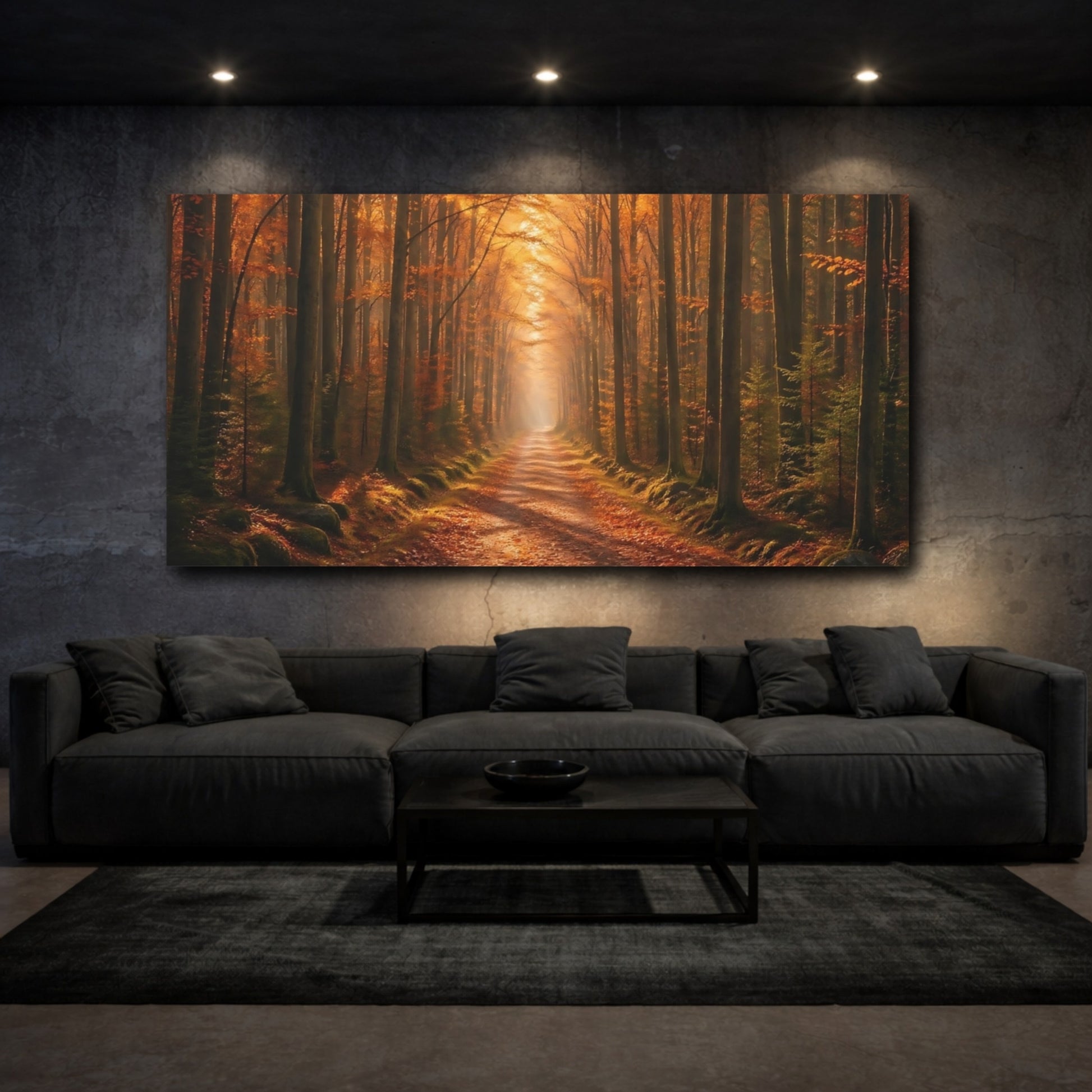 Mockup 2. Nature Autumn Forest Autumn Forest Path shown as stretched canvas wall art