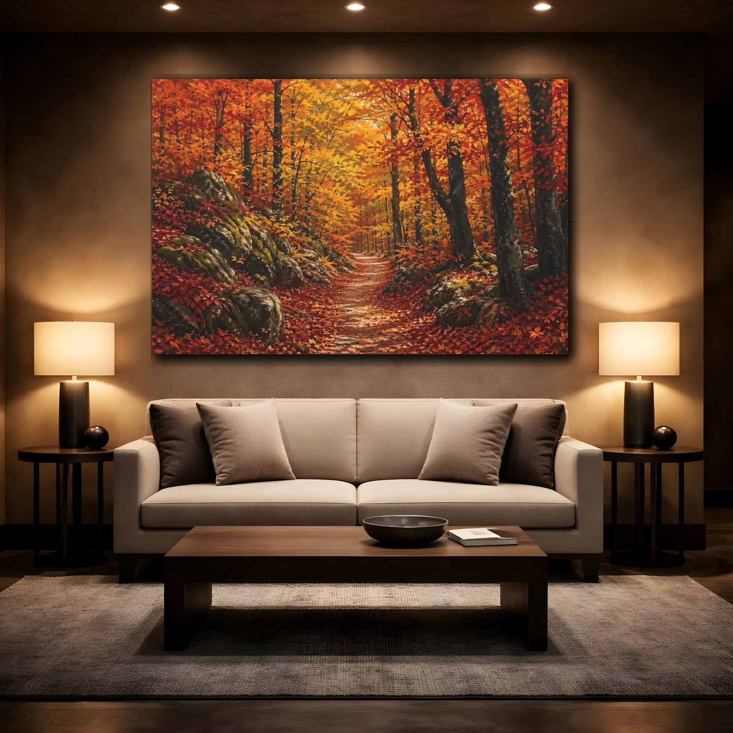 Mockup 2. Nature Autumn Forest Autumn Forest Path shown as stretched canvas wall art